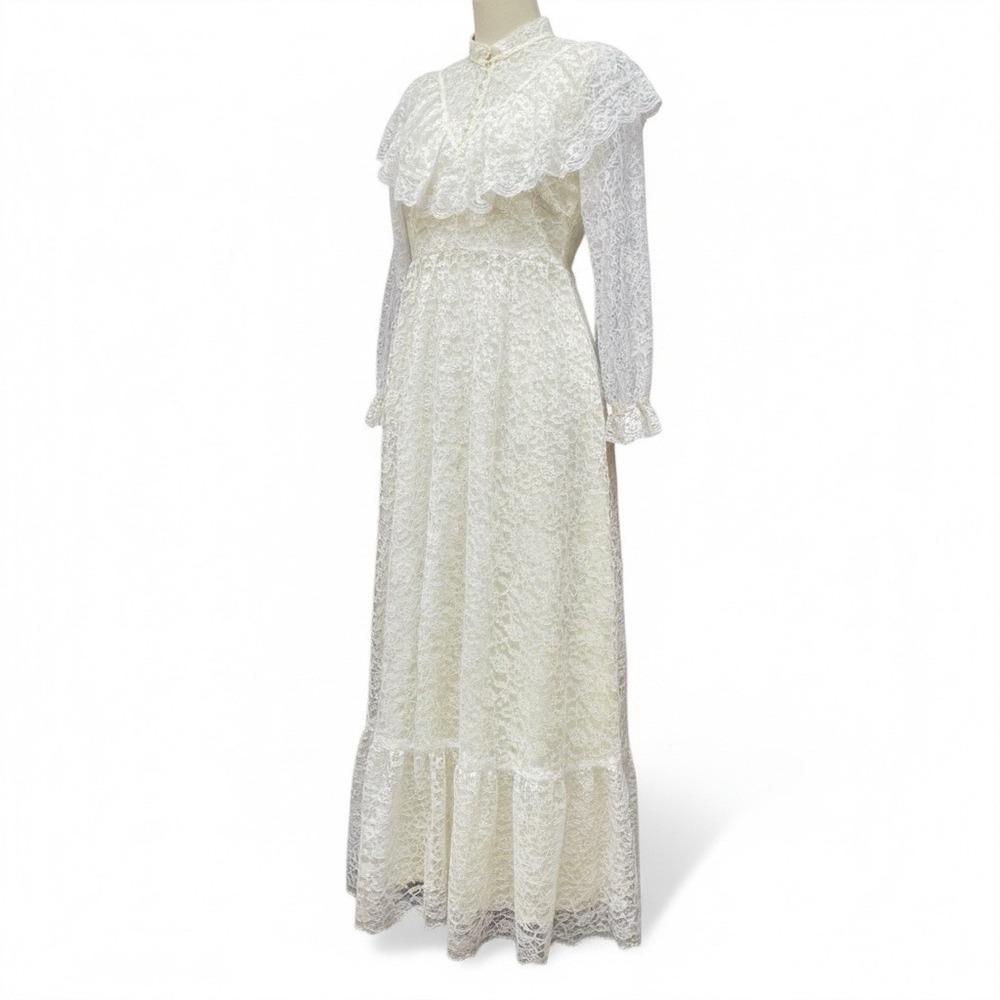 Vintage 80s Union Made Wedding Dress S Cream Lacey Long Sleeve Modest Victorian - Picture 2 of 14